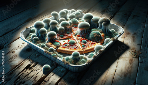 Moldy pizza on an old wooden plank, AI Generative