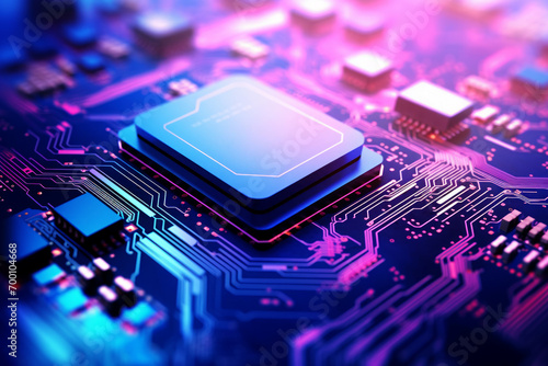 AI generated image of closeup of microchip of computer with blue and purple neon lights