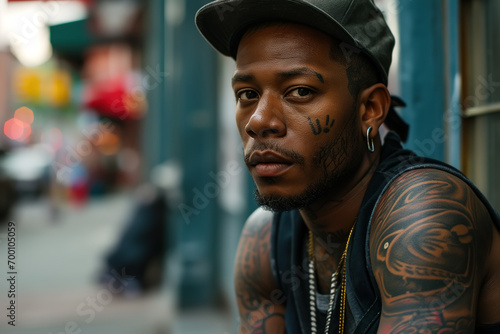 African American rapper gangster with tattoos in a ghetto street looking at camera