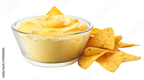 a bowl of cheese dip and chips
