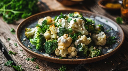 Fresh broccoli and cauliflower salad with Tahini dressing on plate
