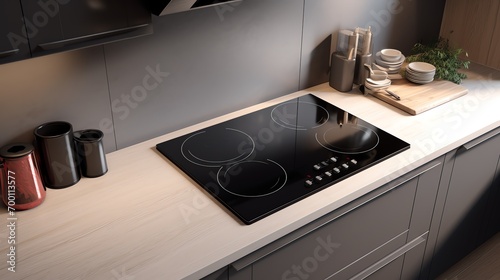 a black stove top with four burners on a counter