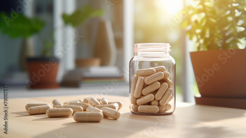 Herbal ashwagandha tablets in a glass jar on a wooden table, body supplementation, vitamins and minerals