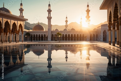 Golden hour light on mosque with minarets and dome