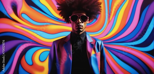 Eccentric black man with an abstract vibrant background of swirling neon colors. Eighties, seventies party disco style.