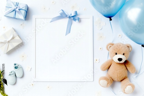 A festive setup with balloons, a teddy bear, and gifts, ideal for a baby shower and boy birthday.
