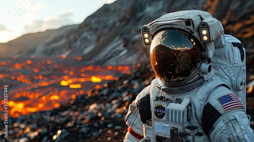 Astronaut with helmet on a distant hot planet, science-fiction scene in space, generated with AI