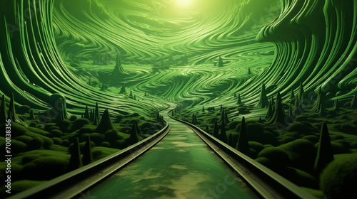 Abstract trippy landscape with green forest, road and mountains. Generative AI