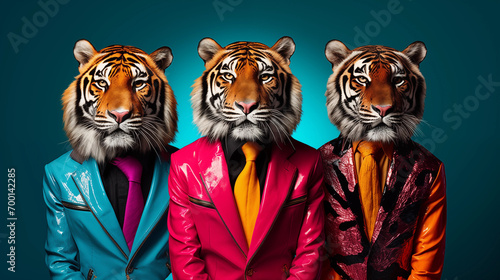 Tres tigres antropomórficos vestidos como astros do Rock e do Pop - Papel de parede