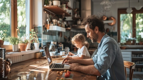 Balancing Work and Life at Home: parent working on a laptop at a kitchen table while children play nearby