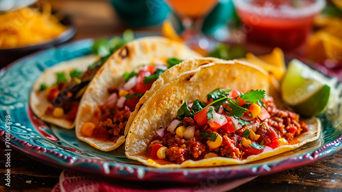 Plato de tacos - Comida mexicana pico de gallo, cebolla, verduras y carne