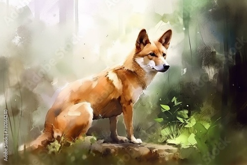 Digital watercolor painting of a dingo in a forest. 4k Wallpaper, background. Generative AI