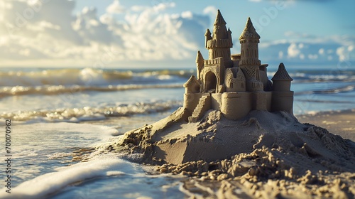 Sand castle on the beach at sunset. Concept of travel and vacation