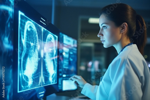 Orthopedic surgeon doctor examining patient joint x-ray bone scan in radiology orthopedic hospital Generative Ai
