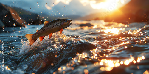 Close-up of a rainbow trout jumping out of the turbulent waters of a mountain stream at sunrise