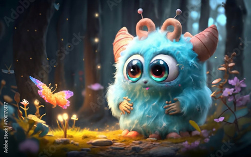 Cute new super fluffy monster who is looking at the butterfly. Big beautiful sweet eyes. In the woods. With on the ground flowers. Generative AI
