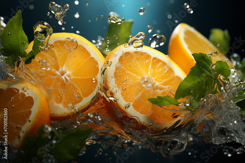 Pomarańcze w Wodnej Eksplozji. Plastry pomarańczy eksplodują w strumieniu wody, tworząc orzeźwiający widok.