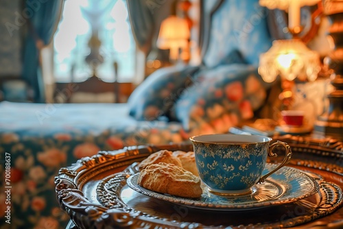 Tea and scones on a tray in a cozy room
