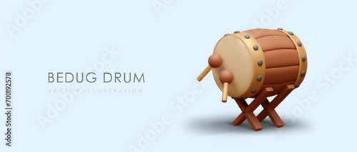 Religious musical item in realistic style. Bedug drum on stage on blue background with place for text. Celebrating Ramadan time concept. Vector illustration in 3d style