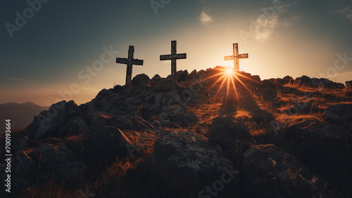 three crosses on top of hill with the sun gleaming behind them Generative AI