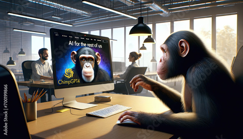 A chimpanzee sits at a computer screen on which he has called up an AI program specially designed for non-nerds; satirical illustration that makes fun of AI specialists