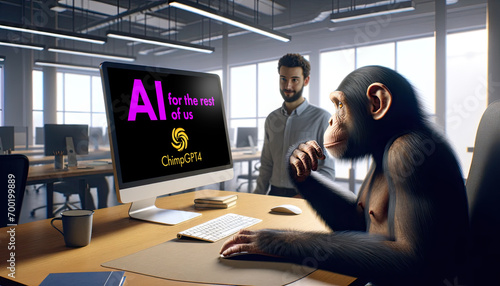 A chimpanzee sits at a computer screen on which he has called up an AI program specially designed for non-nerds; satirical illustration that makes fun of AI specialists