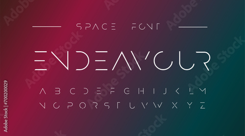 Endeavour Futuristic font alphabet letters. Creative minimalist typographic design. science technology, space logo type, headline, scifi cover