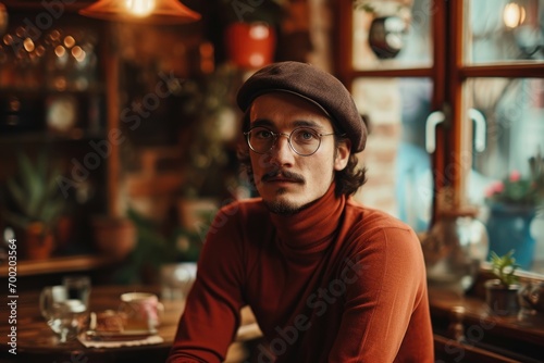 Retro beatnik male model in a turtleneck and beret, in a cozy, vintage coffee shop