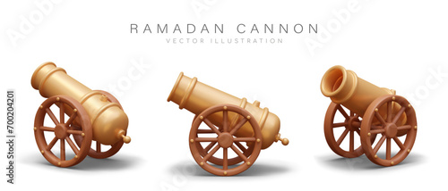 Realistic golden Ramadan weapon in different positions. Religious cannon on white background. Celebrating Ramadan concept. Vector illustration in 3d style