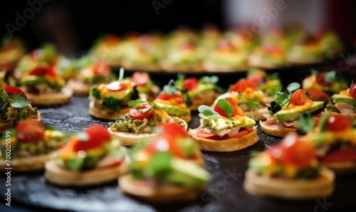 A beautifully decorated catering banquet table with a variety of appetizers and sandwich appetizers at a luxury wedding reception. Serving meals and appetizers in the restaurant. Catering banquet tabl