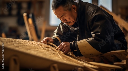 Portrait of Inuit craftsman constructing a traditional kayak