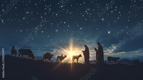 Heilige Nacht: Stern von Bethlehem über den Silhouetten von Jesus, Maria und Joseph