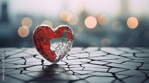 Broken glass heart with cracks on a cracked concrete surface - heartbreak concept