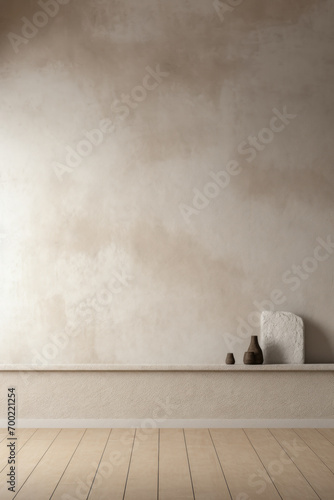 Interior empty beige wall mock up, plastered stone wall with copy space, decor on shelf.