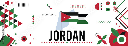 Jordan national or independence day banner for country celebration. Flag and map of Jordan modern retro design with typorgaphy abstract geometric icons. Vector illustration. 
