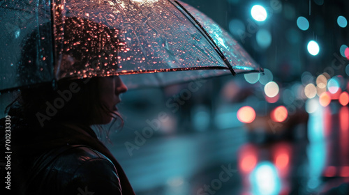 femme dans la rue sous la pluie la nuit abritée par un parapluie