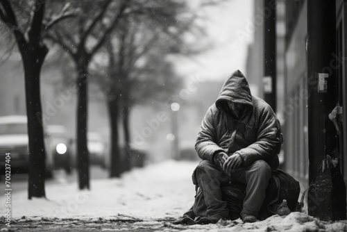 As the winter chill sets in, a homeless man sits alone on a frosty street corner, wrapped in threadbare blankets. Passersby hurry by, their faces hardened by the indifference of city life. 