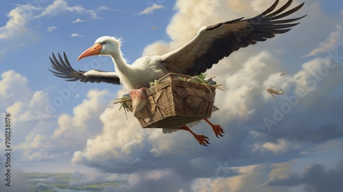 A stork delivering a bundle, mid-flight with fluffy clouds around.