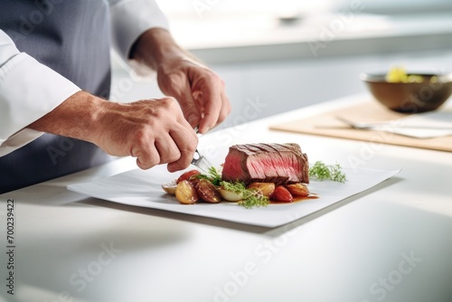 Craft an award-winning photograph chefs hands cooking steak, elegantly presented on a pristine white plate, set on a clean white kitchen table. The medium is professional DSLR photography,