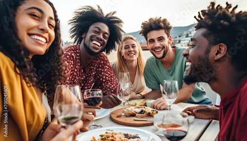 Multiethnic friends having fun at rooftop bbq dinner party , Group of young people diner together sitting at restaurant dining table , Cheerful multiracial teens eating food and drinking wine outside