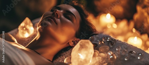 Woman undergoing crystal healing therapy session.