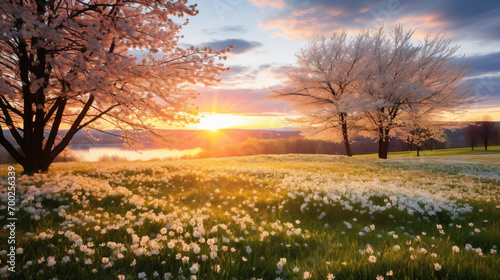 A scenic view of a meadow during Easter with spring blossoms.