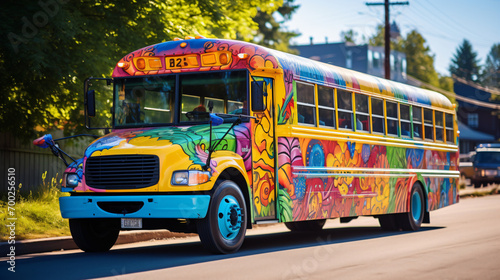 A school bus painted with vibrant colors and whimsical designs transporting cheerful children to school on a sunny morning.