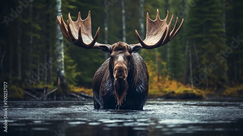 a moose is wading through a river in the woods