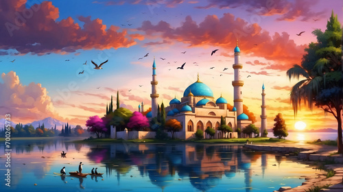 beautiful Mosque beside the river during sunset, beautiful Ramadan Kareem background.