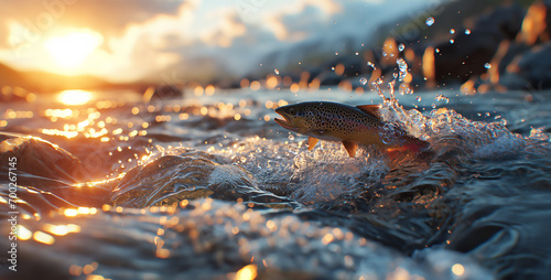Trout jumping out of the turbulent waters of a mountain stream at sunrise