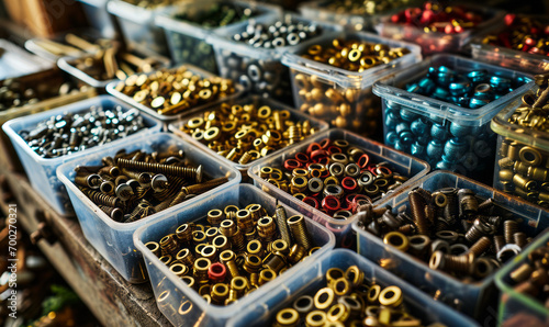 Organized Assortment of Brass and Metal Fasteners in Transparent Containers for Hardware and Construction