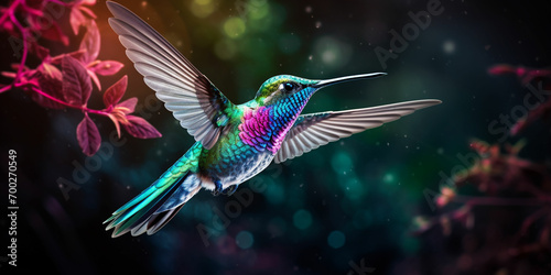 a hummingbird flying over a flower
