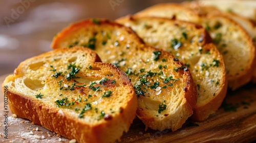 Garlic Bread: Sliced bread topped with garlic, butter, and herbs, then baked until crispy 
