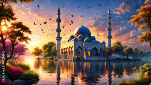 A beautiful mosque beside the lake with trees and birds in sunset.